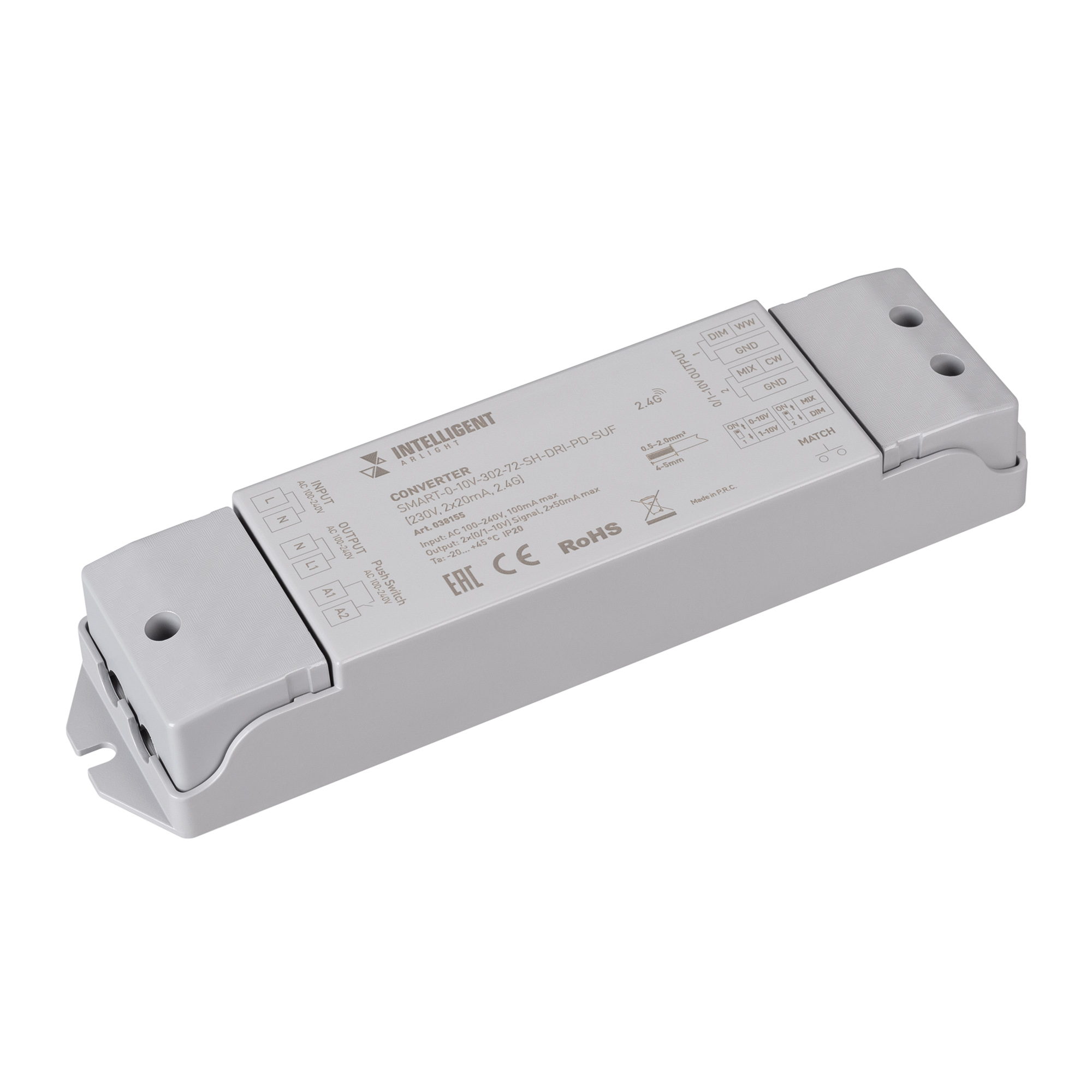 Фото товара INTELLIGENT ARLIGHT Конвертер SMART-0-10V-302-72-SH-DRI-PD-SUF (230V, 2x20mA, 2.4G) 038155