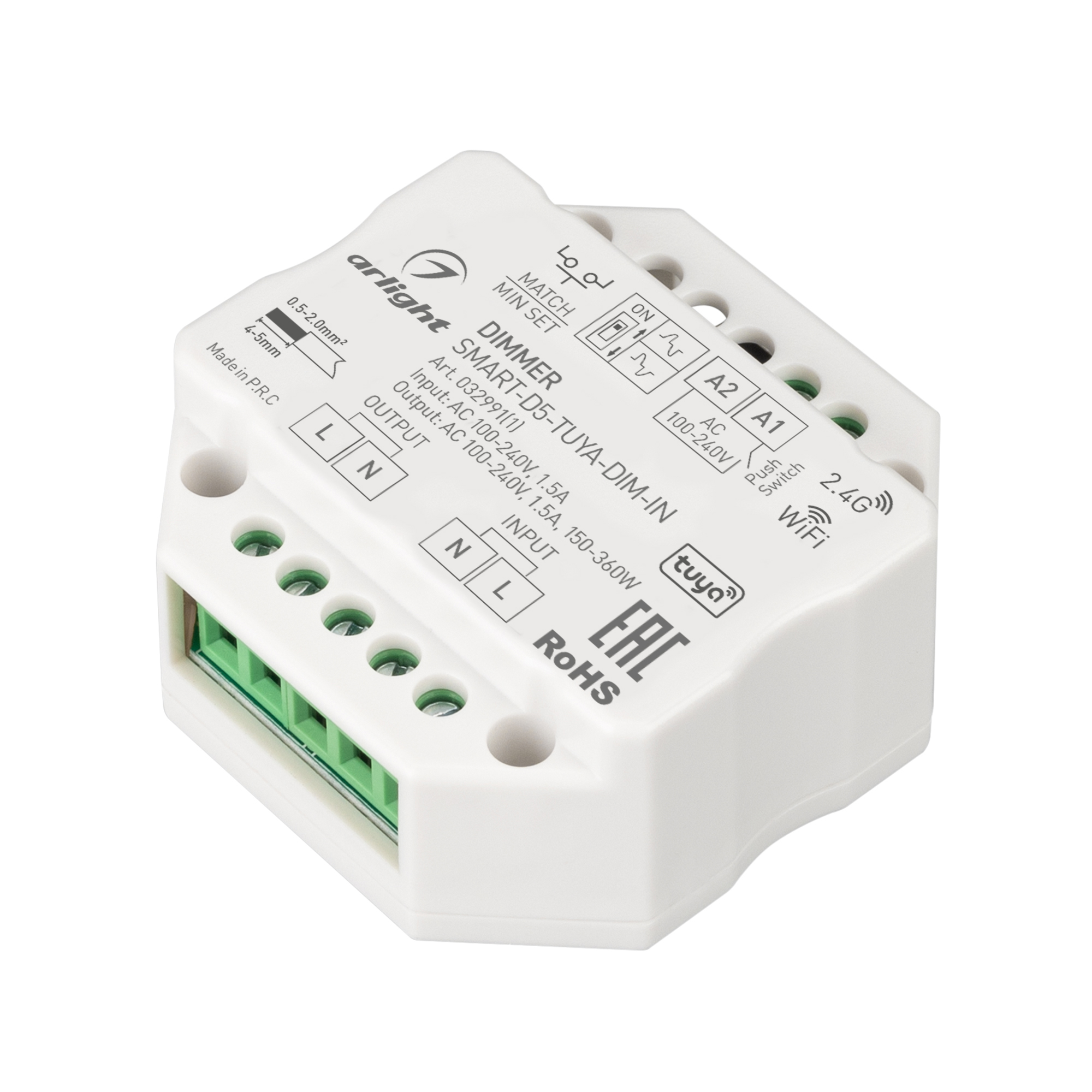 Фото товара Диммер SMART-D5-TUYA-DIM-IN (230V, 1.5A, TRIAC, WiFi, 2.4G) 032991(1)