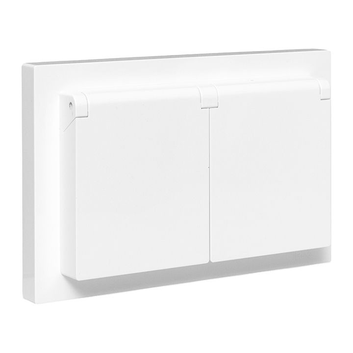 Механизм розетки двойной, 16А, IP44, с заземлением, со шторками, с рамкой, с крышками, белый Эпика EKF UP1-SOW-211-44