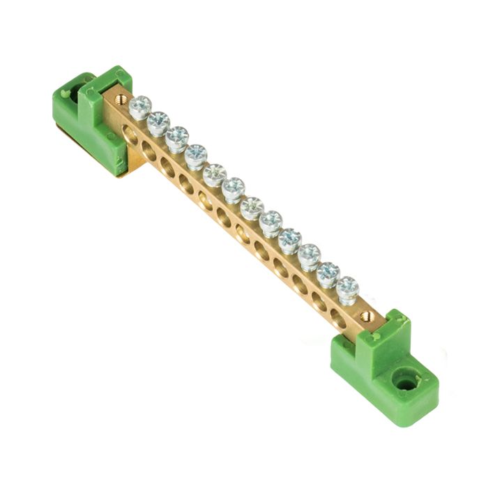 Фото товара Шина "0" PE 6x9мм 12 отверстий латунь с контактной пластиной 2 зелёных угловых изолятора PROxima sn0-63-12-2-pe