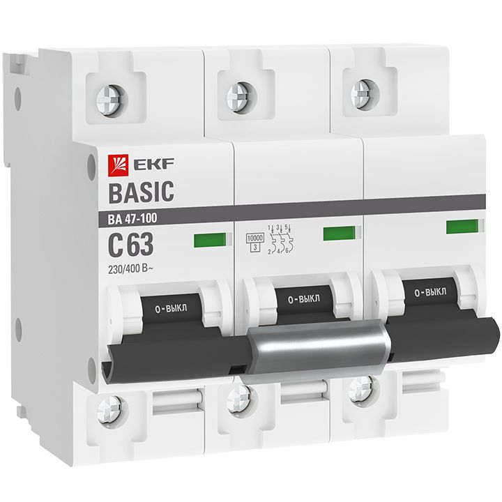 Автоматический выключатель 3P 63А (C) 10kA ВА 47-100 EKF Basic mcb47100-3-63C-bas