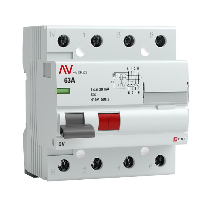 Фото товара Устройство защитного отключения DV 4P 63А/ 30мА (A) EKF AVERES rccb-4-63-30-a-av