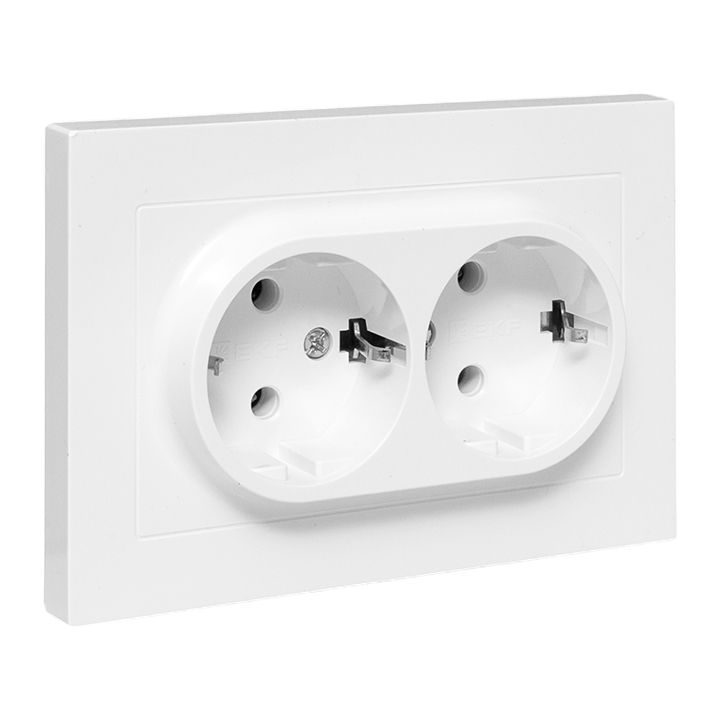 Механизм розетки двойной, 16А, с заземлением, без шторок, с рамкой, белый Эпика EKF UP1-SOW-210