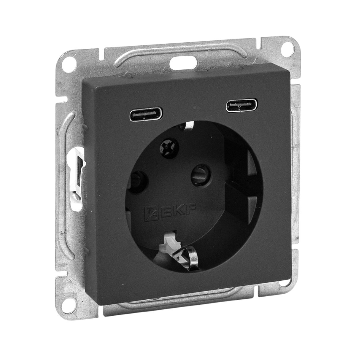 Механизм розетки с USB-C - 2шт, 16А, с заземлением, со шторками, ч-рный Эпика EKF UP1-SOB-111-2USBC