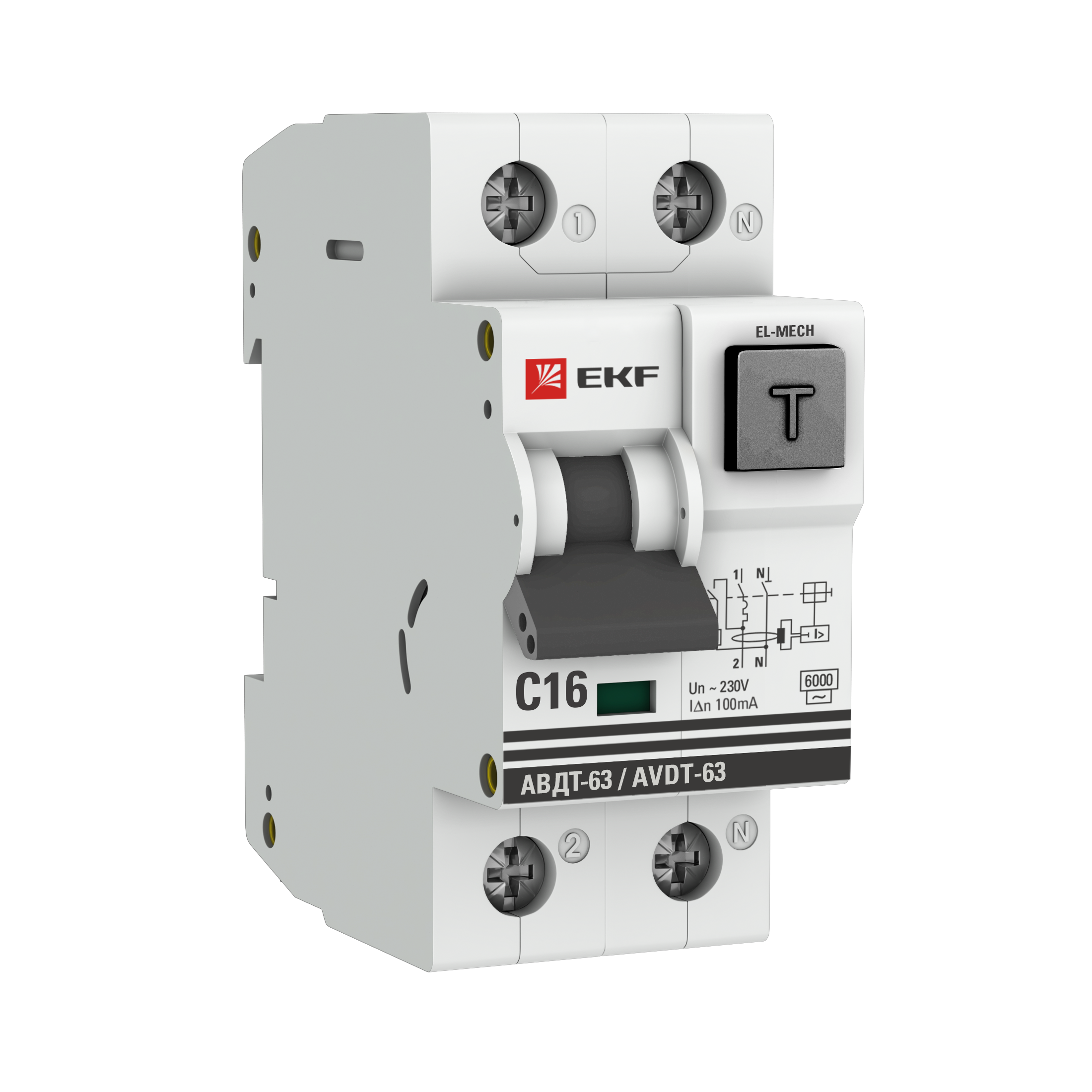 Фото товара Дифференциальный автомат АВДТ-63 16А/100мА (характеристика C, эл-мех, тип АС) 6кА EKF PROxima