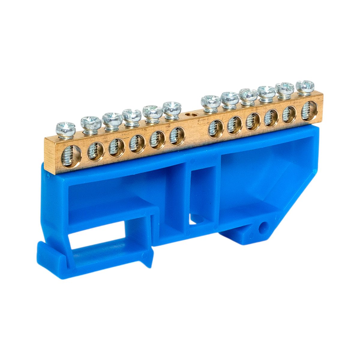 Шина "0" N (6х9мм) 12 отверстий латунь синий изолятор на DIN-рейку розничный стикер PROxima sn0-63-12-d-r