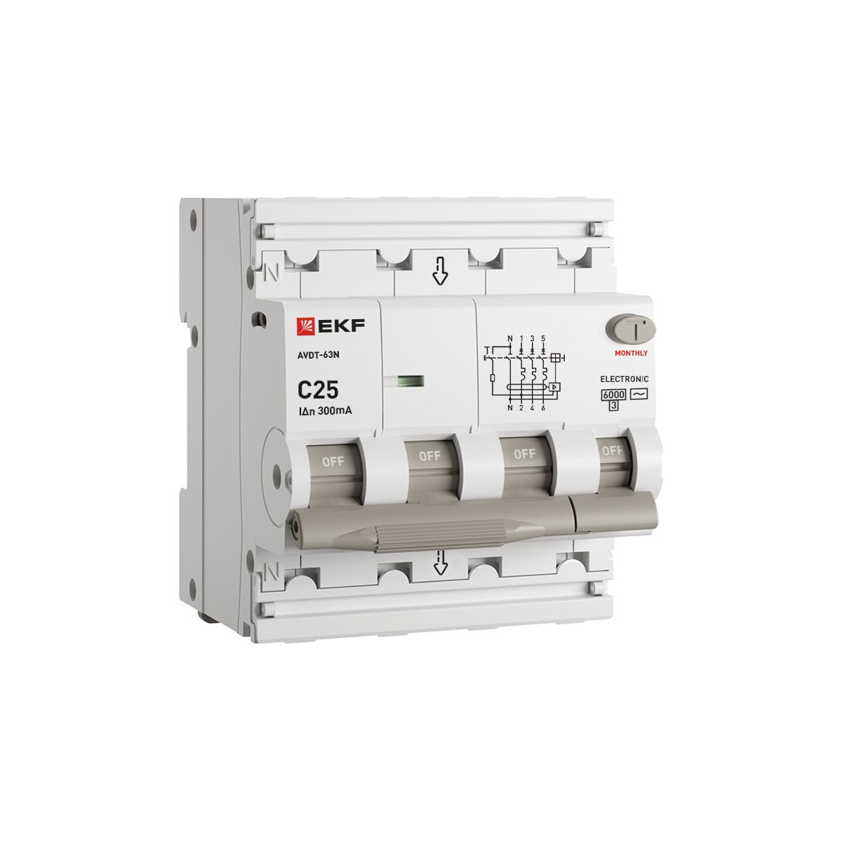 Автоматический выключатель дифференциального тока АВДТ-63N 3P+N 25А 300мА характеристика C тип AC электронный 6кА PROXIMA EKF D63N46E25C300