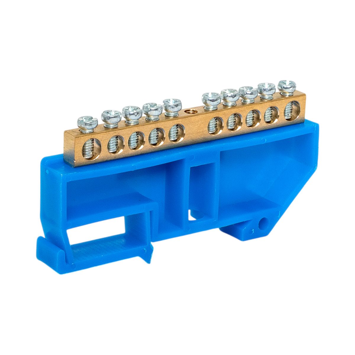 Шина нулевая N 6х9 10 отверстий синий изолятор на DIN-рейку латунь sn0-63-10-d-r