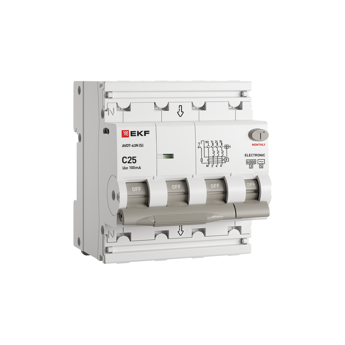Автоматический выключатель дифференциального тока селективный АВДТ-63N (S) 3P+N 25А 100мА характеристика C тип AC электронный 6кА PROXIMA EKF D63N46ES25C100