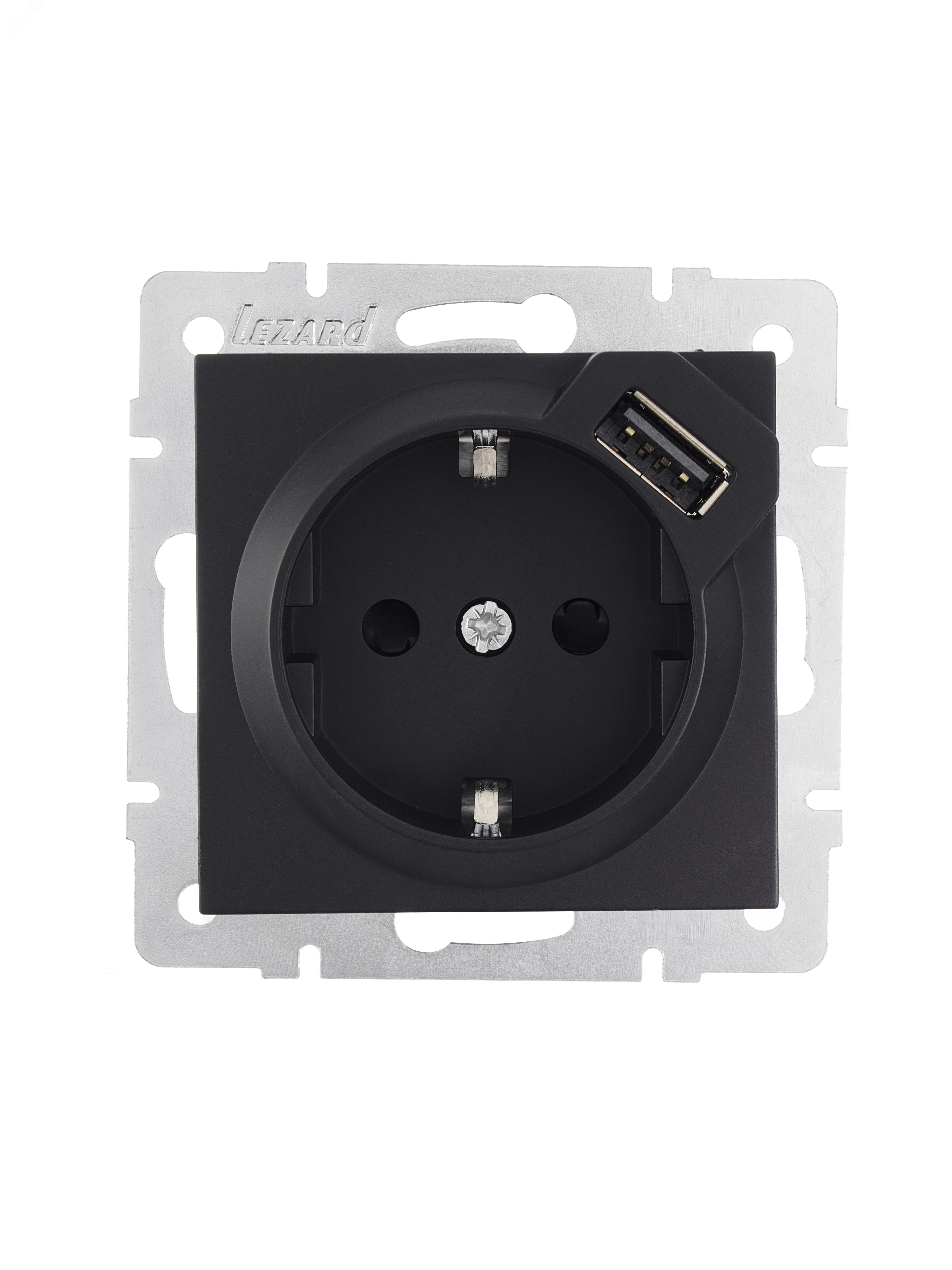 Розетка 1-м СП Vesna с заземл. с заряд. устройством USB механизм черн. бархат 742-4288-181