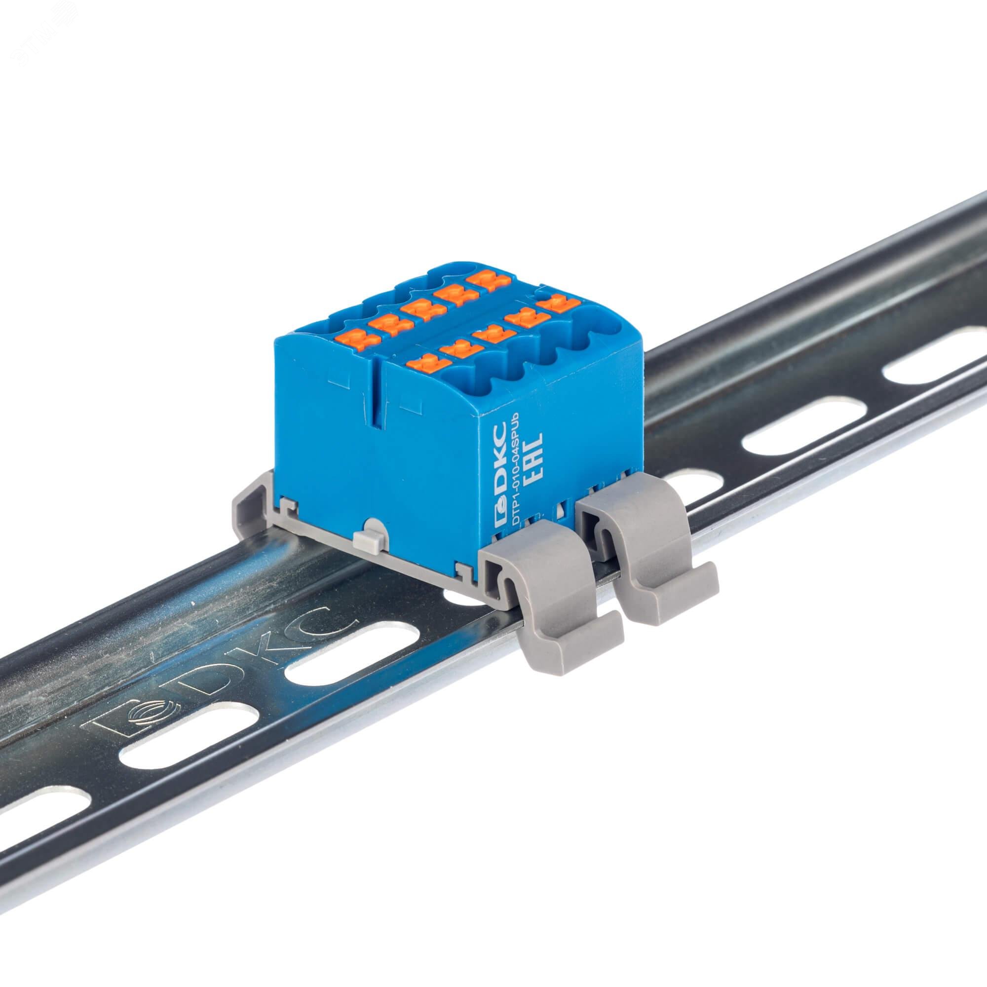 Блок распределительный с гориз. адаптером на рейку шириной 35мм, зажим push-in, 10 точек подключения 2,5 кв.мм, синий DTP1-010-04SPUB-H