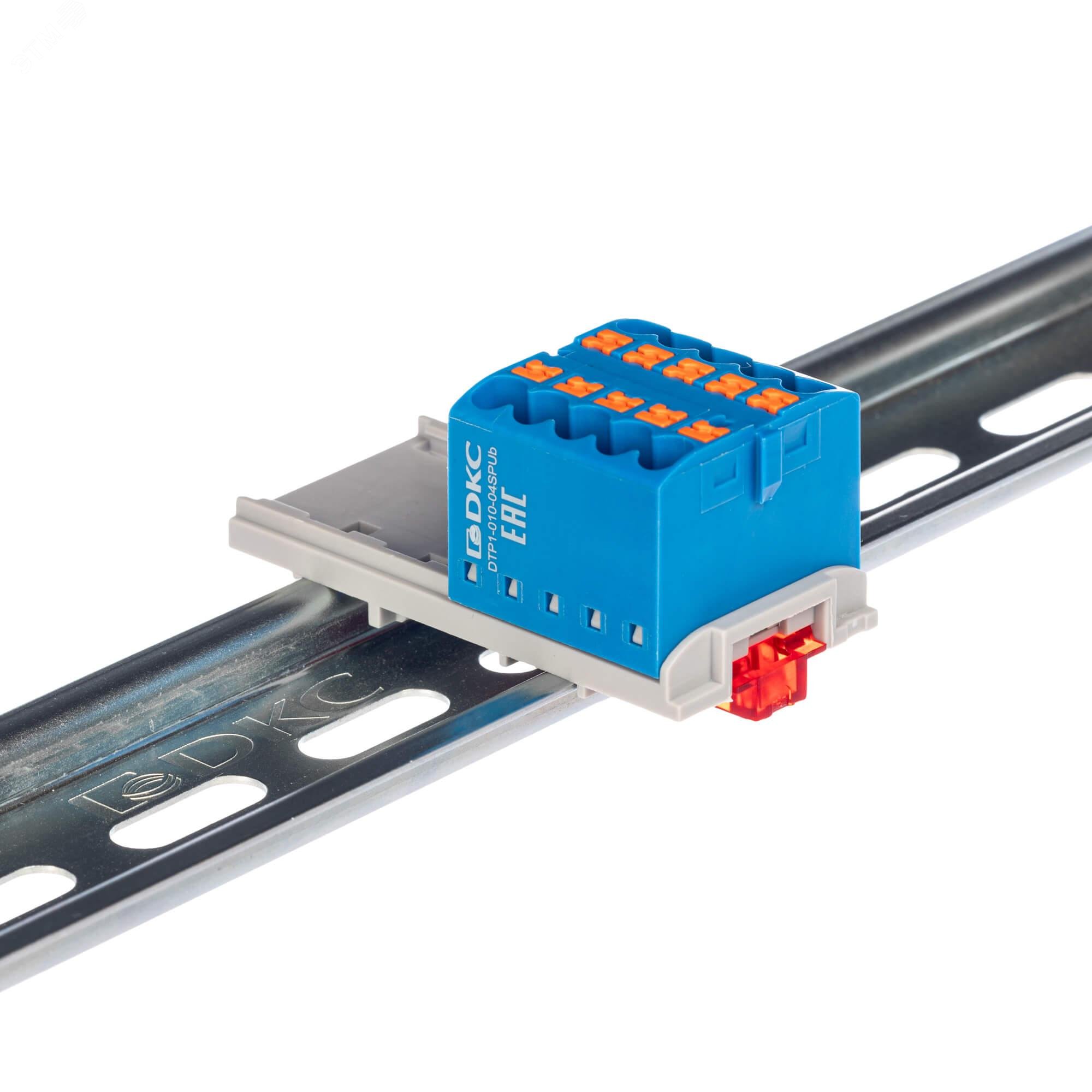 Блок распределительный с верт. адаптером на рейки шириной 15/35мм, зажим push-in, 10 точек подключения 2,5 кв.мм, синий DTP1-010-04SPUB-V