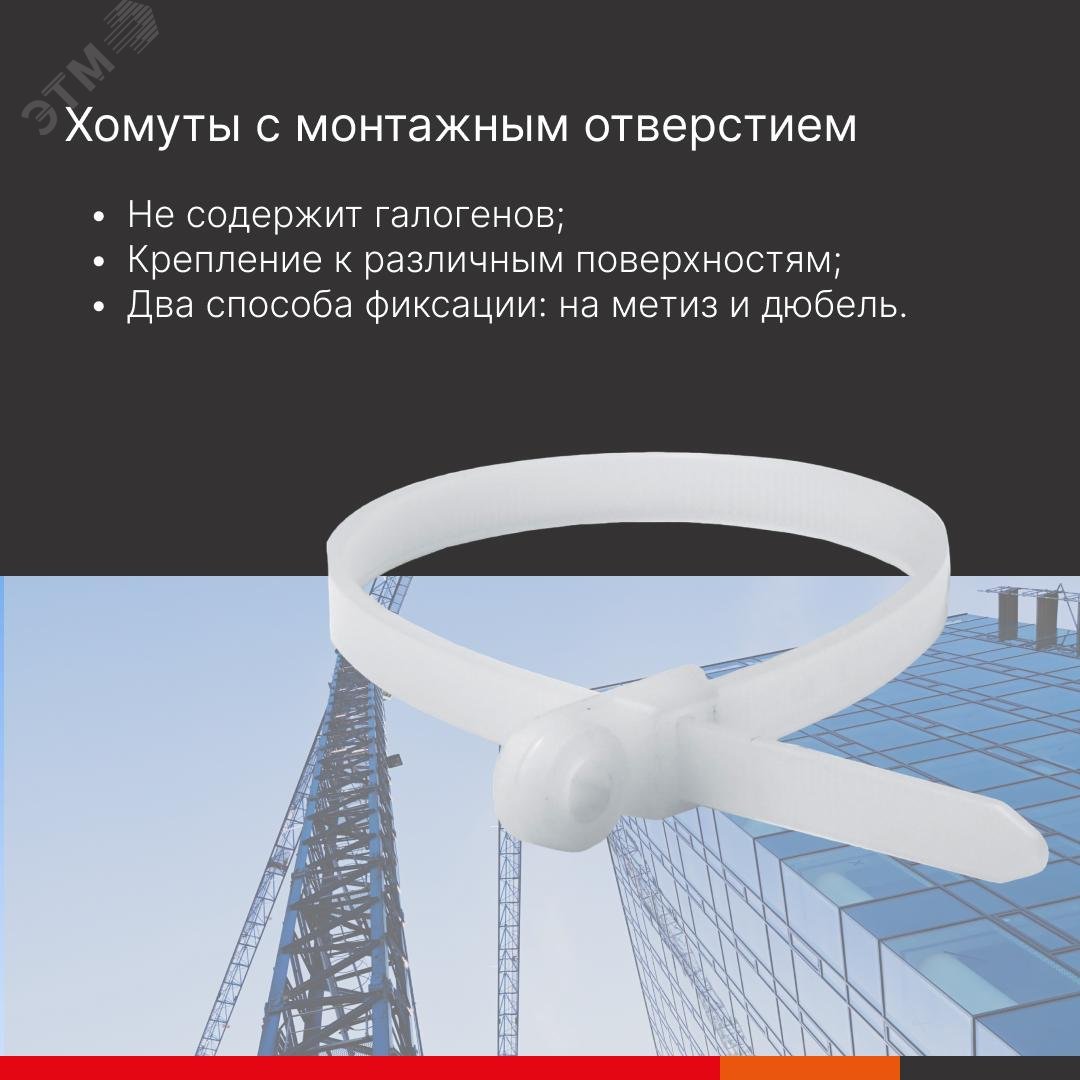 Хомут кабельный 7.6х300 полиамид бел. с монтажн. отверст. (уп.100шт) 252300SR-H
