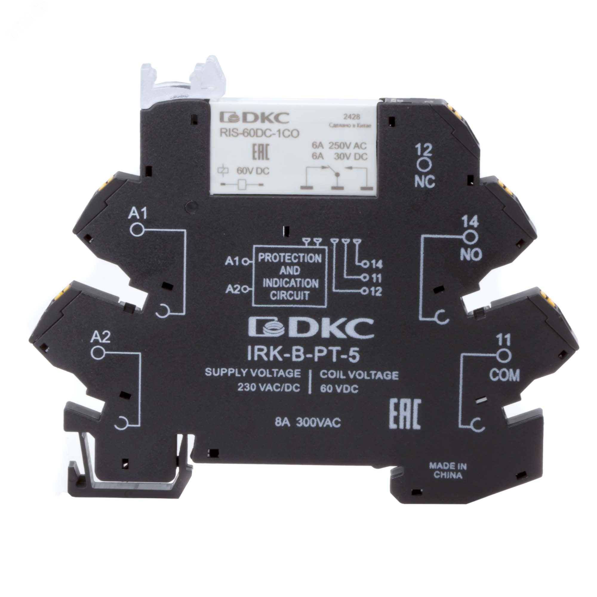 Реле интерфейсное, 1CO, ком. ток 6А, AgSnO2, напряжение 230V AC/DC, push-in клеммы. IRK-230UC-1CO-PT