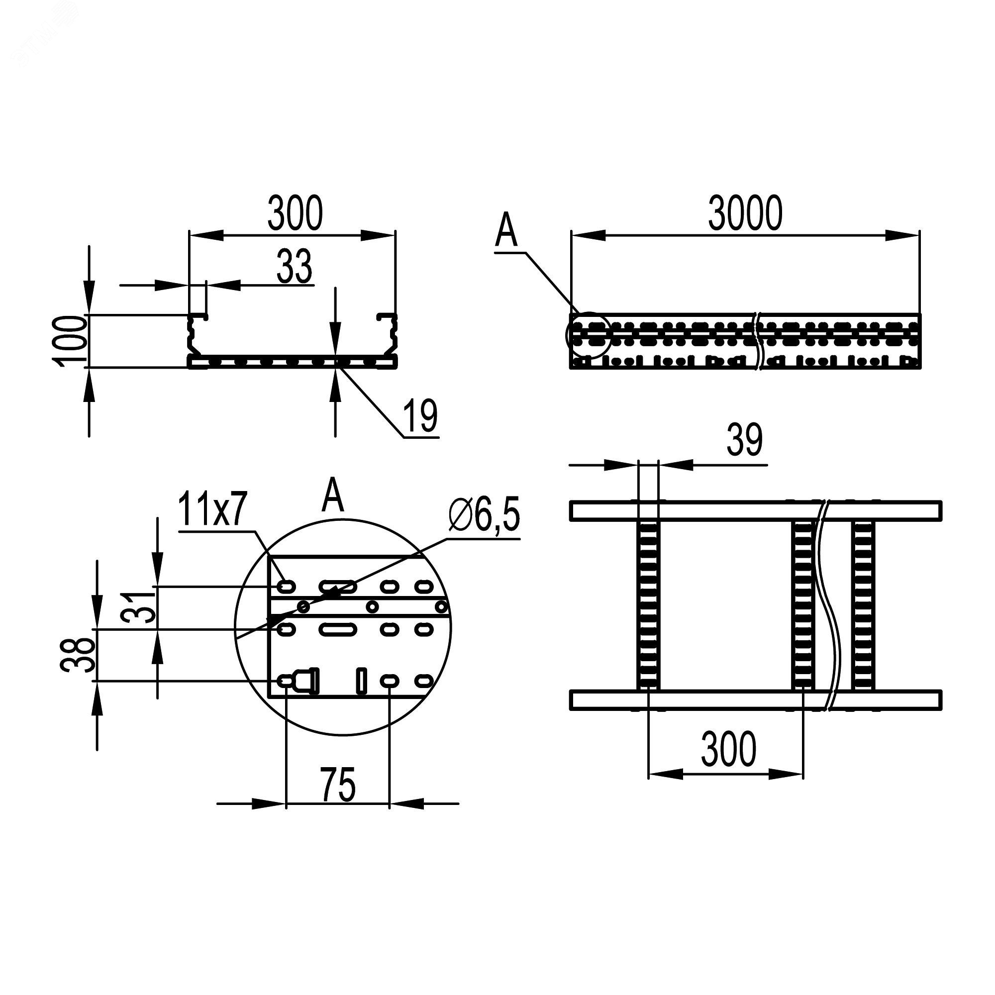 Лоток лестничный 100х300мм L=3 м 1.5 мм лонжерон горячеоцинкованный ULM313HDZ