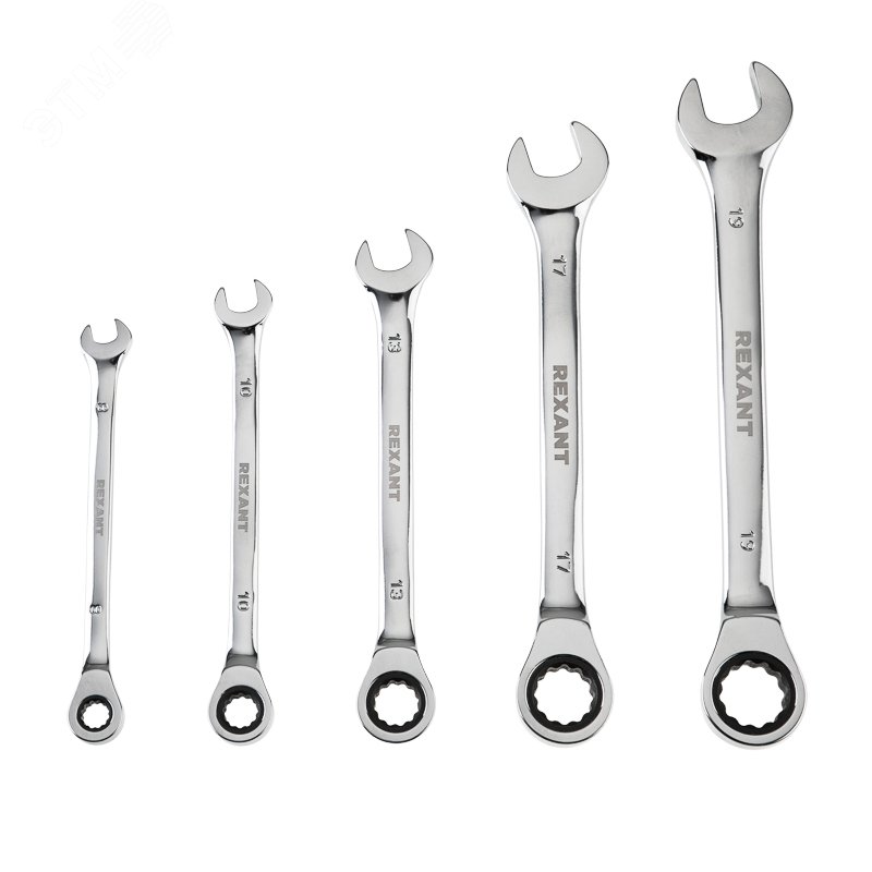 Набор ключей комбинированных трещоточных (8, 10, 13, 17, 19мм), 5 шт, CrV, зеркальное хромирование 12-4841-1