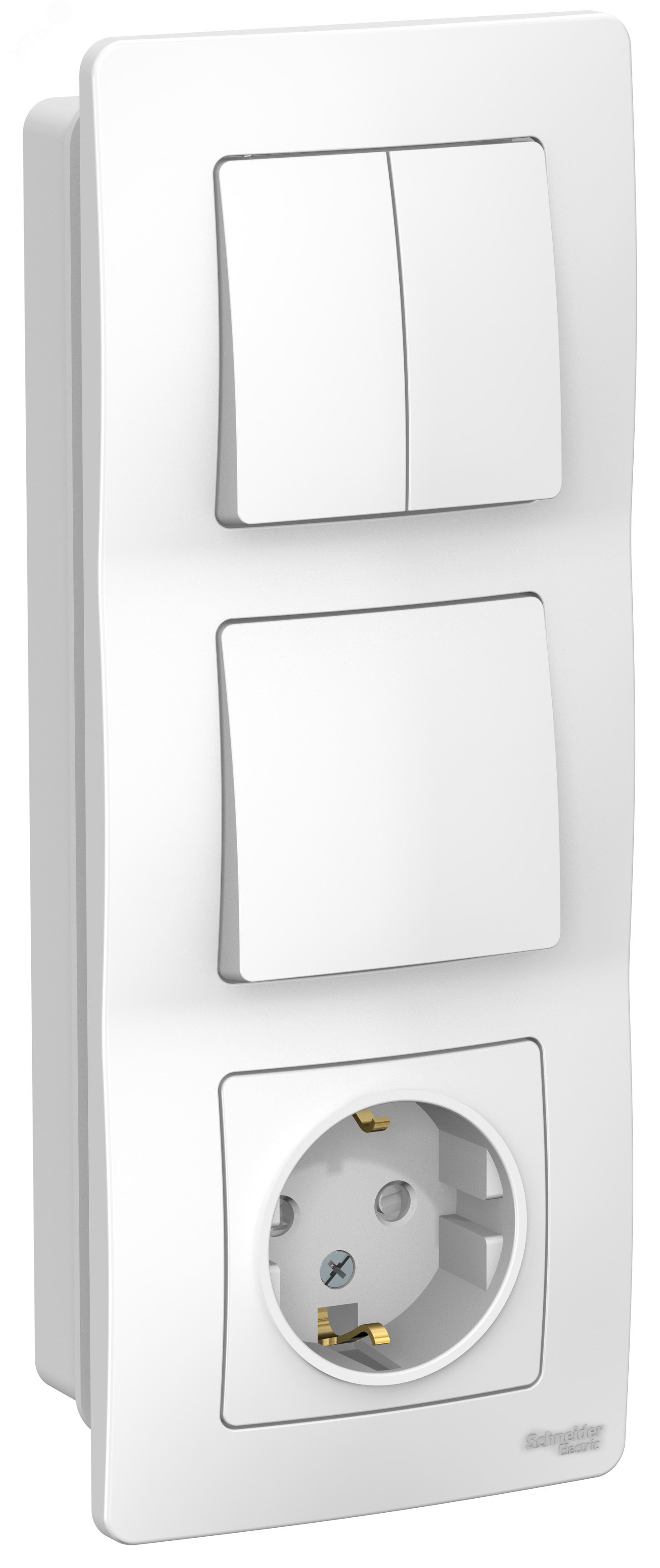 Фото товара Блок СП Blanca (розетка с заземл. защ. шторки 16А 250В + 1-кл. выкл. + 2-кл. выкл.) бел. SE BLNBS101201