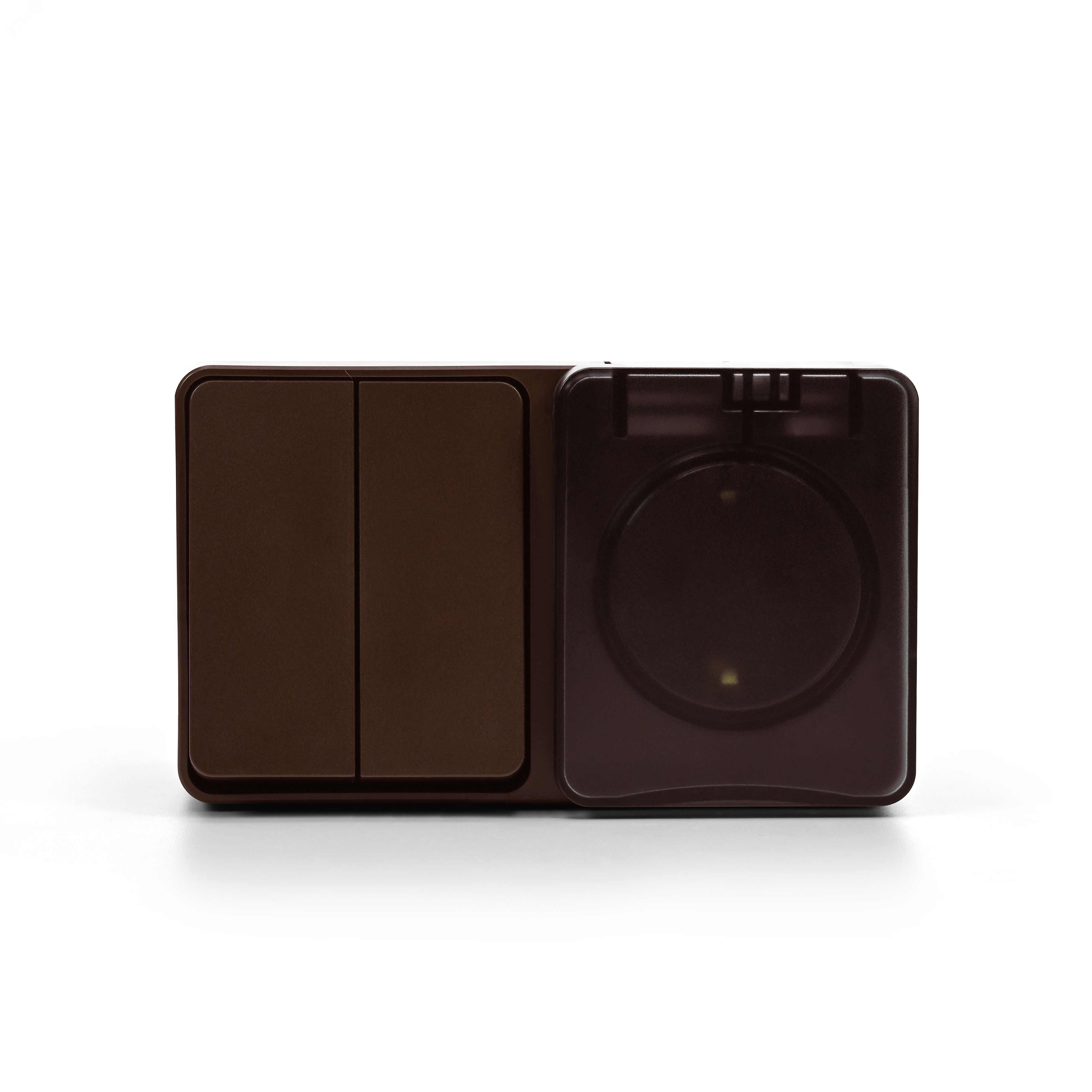 Фото товара AtlasDesign PROFI IP54 О/У БЛОК: РОЗ. з/к со шт. 16А, ВЫКЛ.2-клав.10А, КОРИЧНЕВЫЙ ATN546074