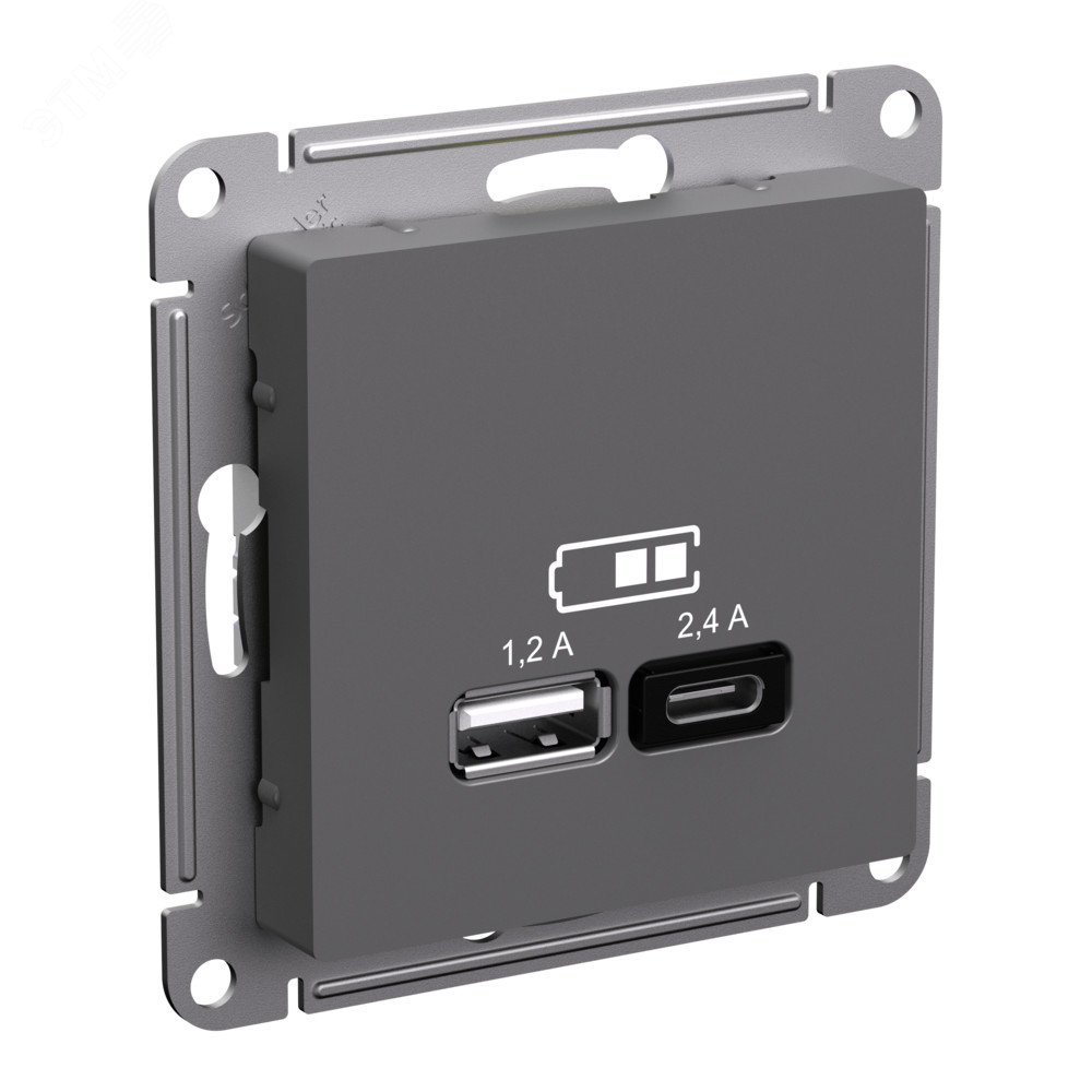 ATLASDESIGN USB РОЗЕТКА А+С, 5В/2,4 А, 2х5В/1,2 А, механизм, БАЗАЛЬТ ATN001439