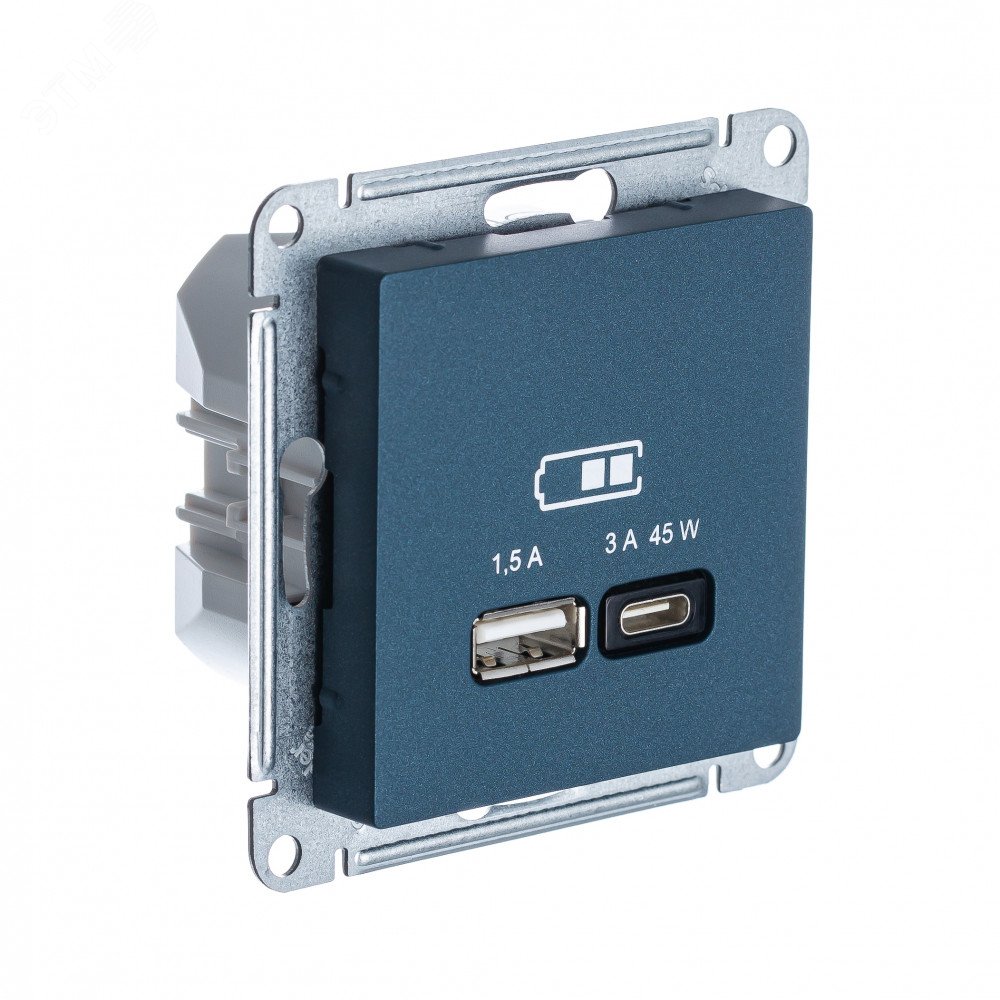 ATLASDESIGN USB РОЗЕТКА A + тип-C 45W высокоскор.заряд. QC,PD, механизм, ИЗУМРУД ATN000829