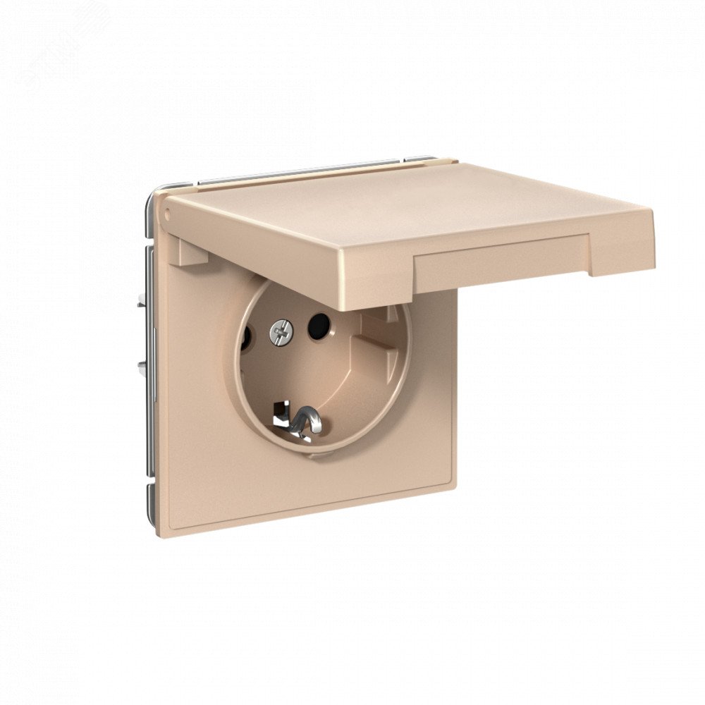 Фото товара ARTGALLERY РОЗЕТКА с заземл. со шторк. с крышк., 16А, IP20,  механизм, быстрозажимные клеммы, песочный GAL001246S