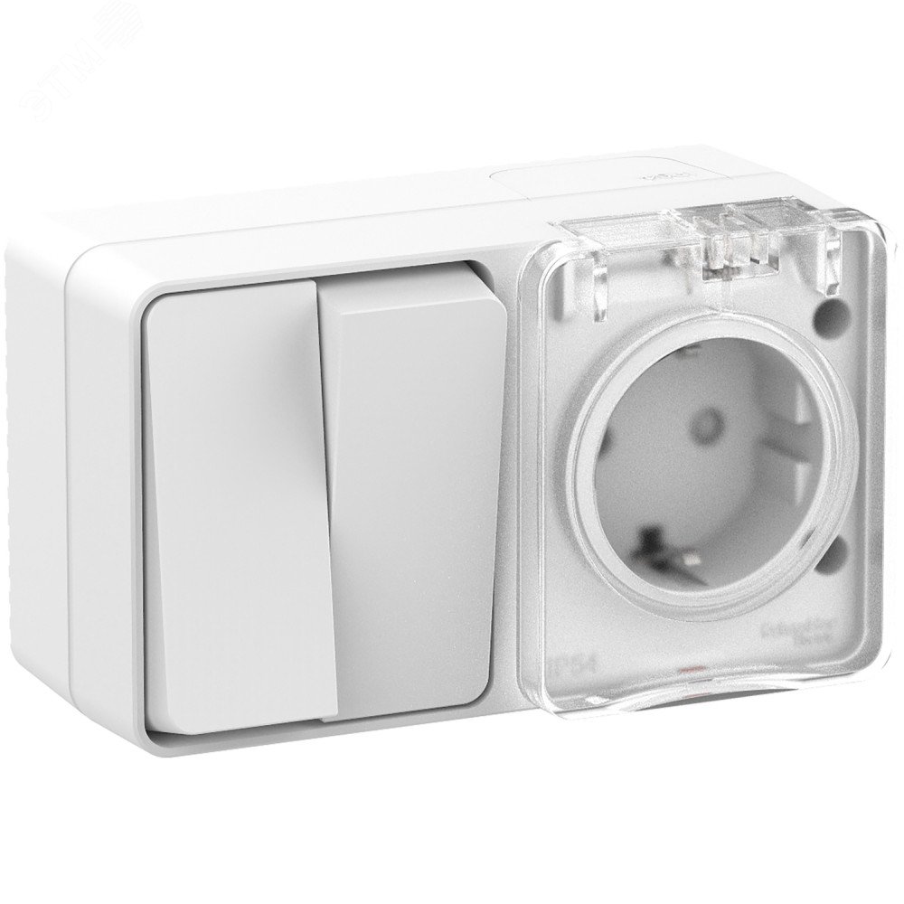 Фото товара Блок ОП AtlasDesign Profi54 (розетка 16А 250В с заземл. защ. шторки + 2-кл. выкл. 10А) IP54 бел. SE ATN540174