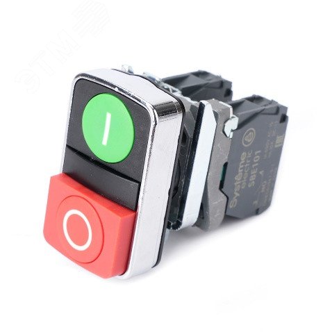 Фото товара Кнопка SB4 двойная в сборе модульная 22мм зелен I+красн O металл 1НО+1НЗ SB4BA73415