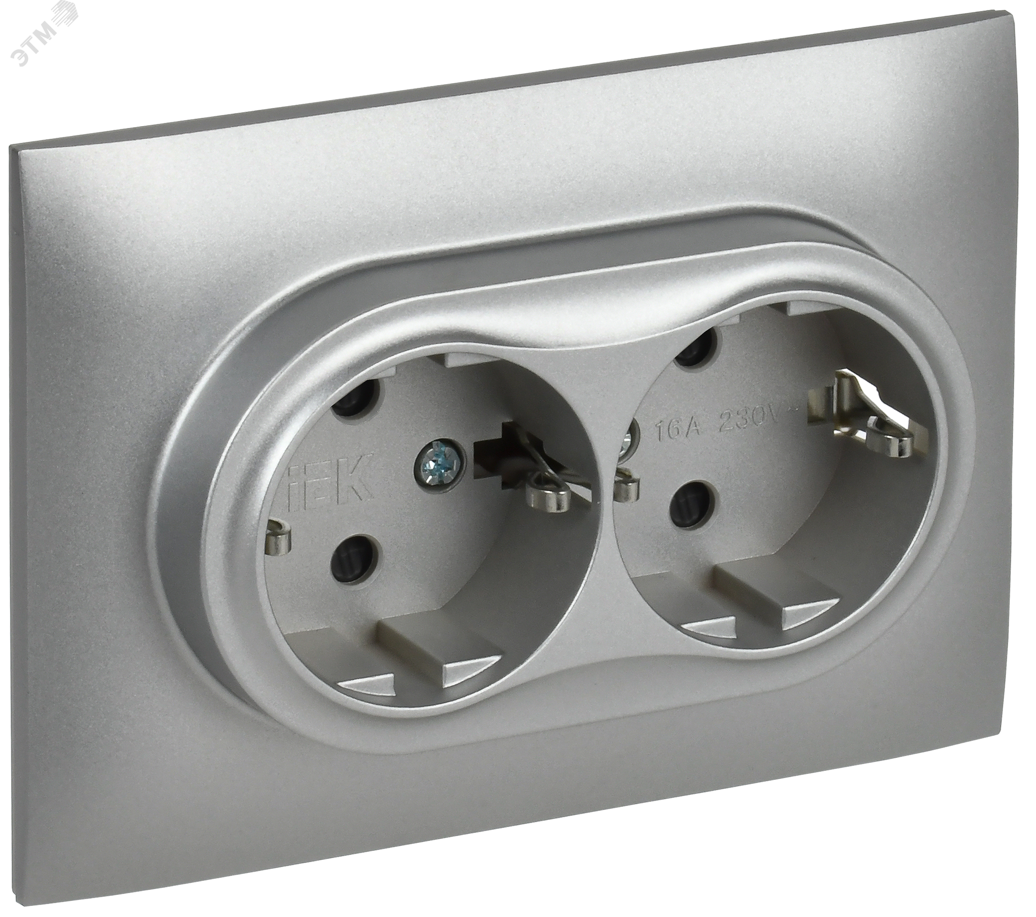 SKANDY Розетка 2-местная с заземлением с защитными шторками 16А в сборе SK-R07S серебряный IEK SK-R24-16-K23-F