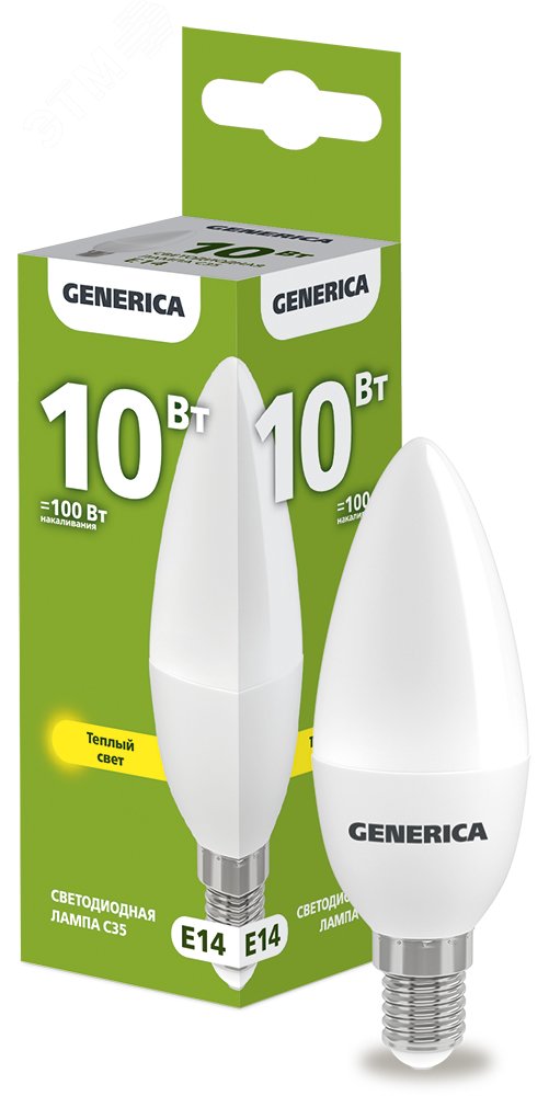 Фото товара Лампа светодиодная C35 свеча 10Вт 230В 3000К E14 GENERICA LL-C35-10-230-30-E14-G