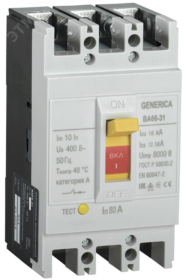 Выключатель автоматический ВА66-31 3Р 80А 18кА GENERICA SAV10-3-0080-G