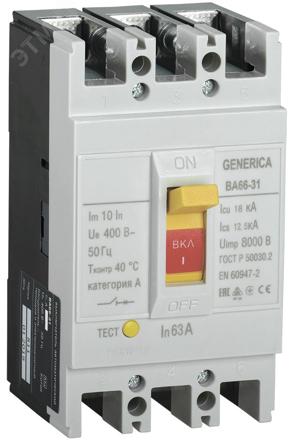 Выключатель автоматический ВА66-31 3Р 63А 18кА GENERICA SAV10-3-0063-G