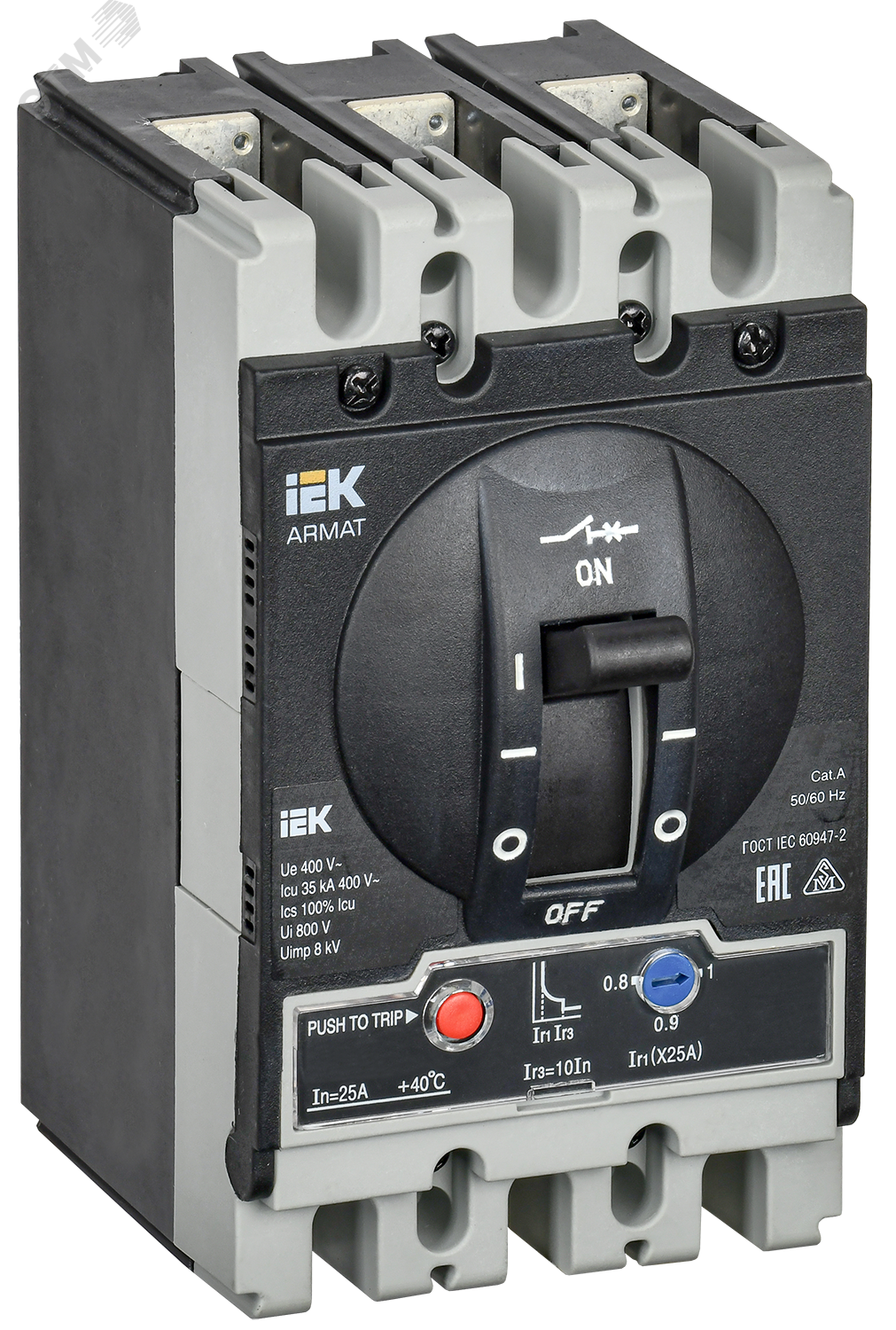 Фото товара Выключатель автоматический в литом корпусе ARMAT 3P типоразмер S 35кА 25А расцепитель термомагнитный регулируемый AR-MCCB-3S-035-0025A-ATUC