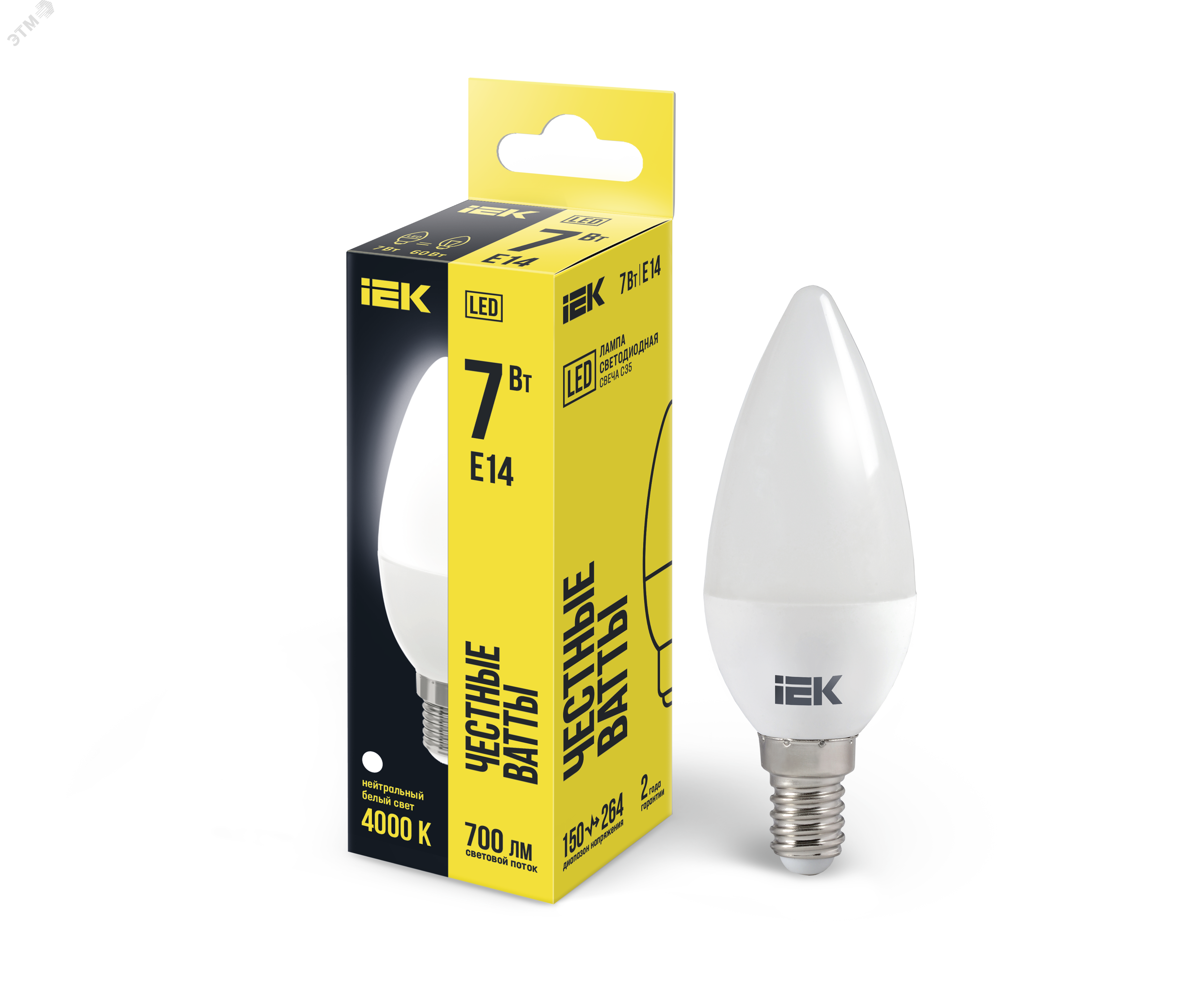 Лампа светодиодная Eco 7Вт C35 свеча 4000К нейтр. бел. E14 230В IEK LLE-C35-7-230-40-E14