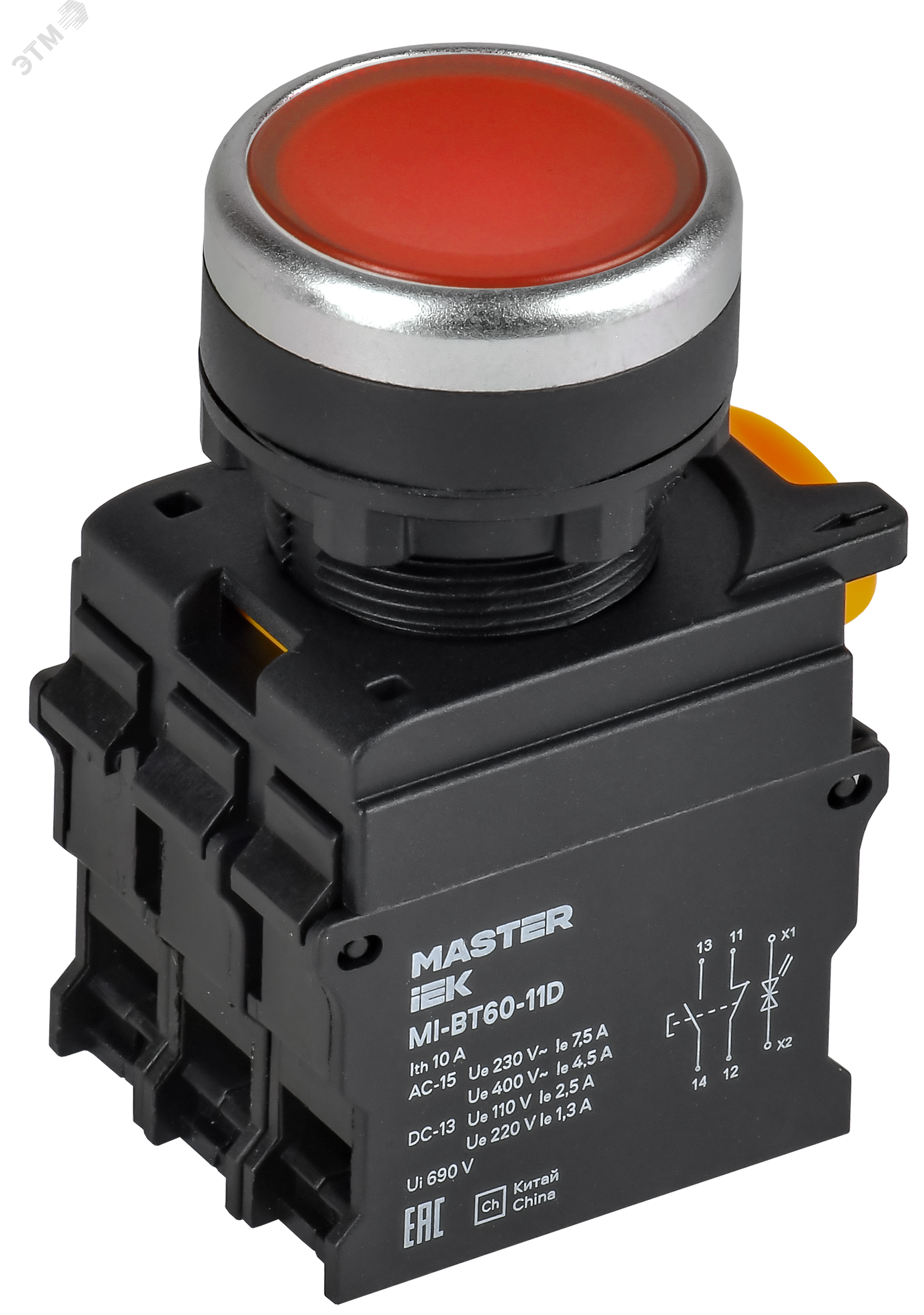 Кнопка с подсветкой d=22мм 1NO+1NC красная MASTER MI-BT60-11D-3-12-K04