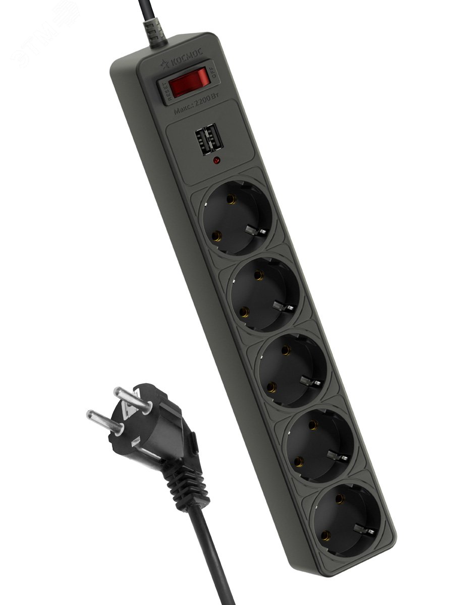 Удлинитель с сетевым фильтром 5х3м с заземл. 10А IP20 2.2кВт 2хUSB 3х0.75 с предохранителем FKsm3m-5g(B)USB