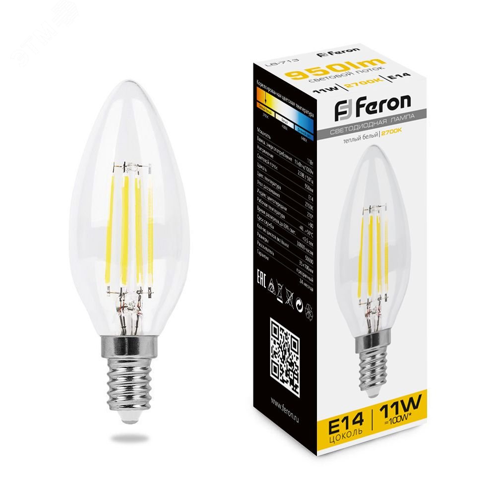 Фото товара Лампа светодиодная LED 11вт Е14 теплый свеча FILAMENT 38006