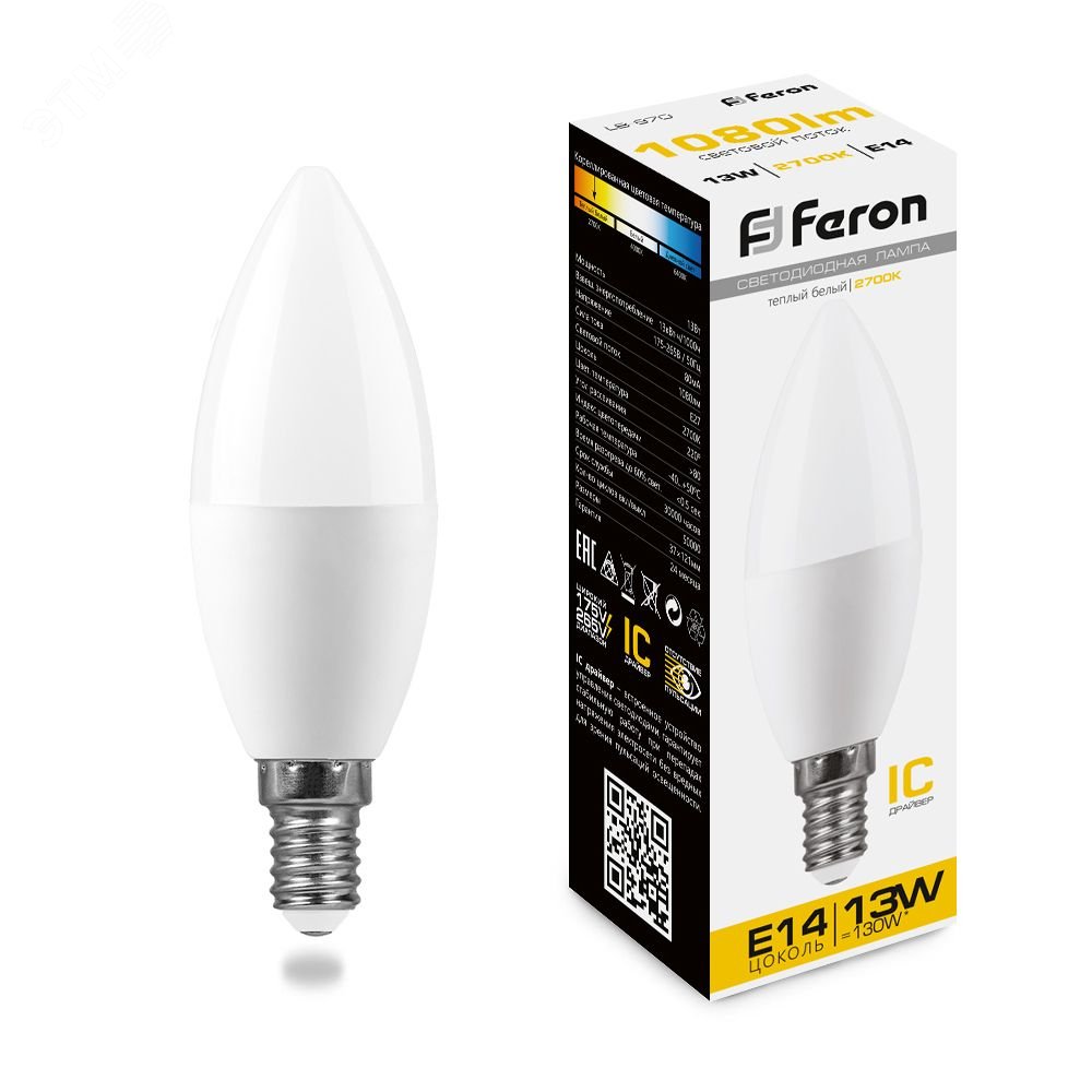 Лампа светодиодная LED 13вт E14 теплый матовая свеча 38107