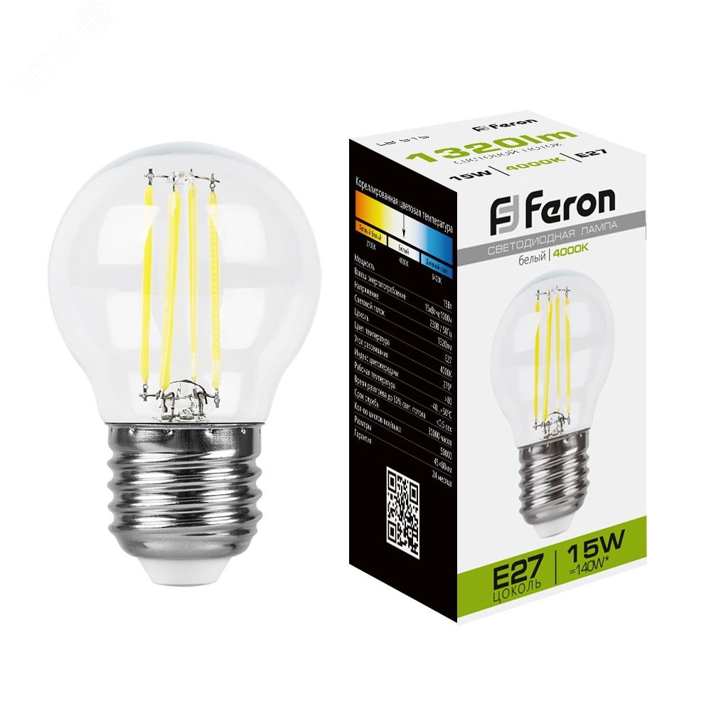 Фото товара Лампа светодиодная LED 15вт Е27 белый шар FILAMENT 38253