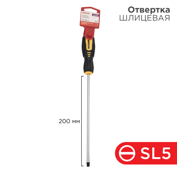 Фото товара Отвертка шлицевая SL5х200мм, двухкомпонентная рукоятка 12-6429