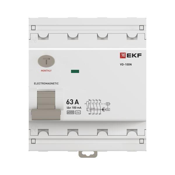 Фото товара Выключатель дифференциального тока 4п 63А 100мА тип AC 6кА ВД-100N электромех. PROxima E1046M63100