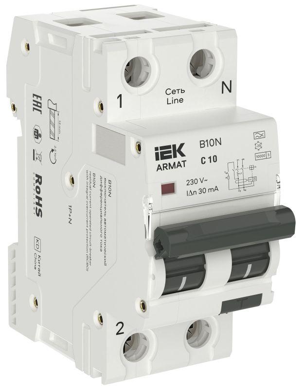 ARMAT Автоматический выключатель дифференциального тока B10N 1P+NP C10 30мА тип A (36мм) IEK AR-B10N-1N-C010A030