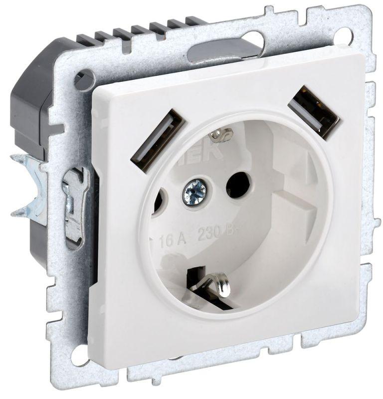 Розетка BRITE РЮш10-1-БрБ 16А с USB A+A 2.1А с заземл. защ. шторки бел. BR-R14-16-U21-D21-K01
