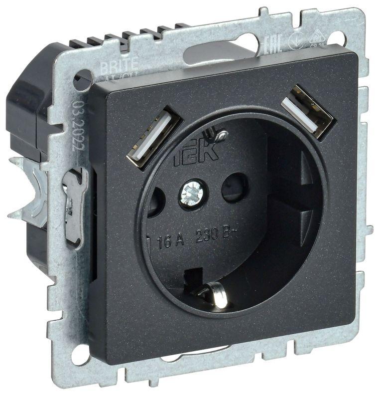Розетка BRITE РЮш10-2-БрЧ 16А с USB A+A 3.1А с заземл. защ. шторки черн. BR-R14-16-U21-D31-K02