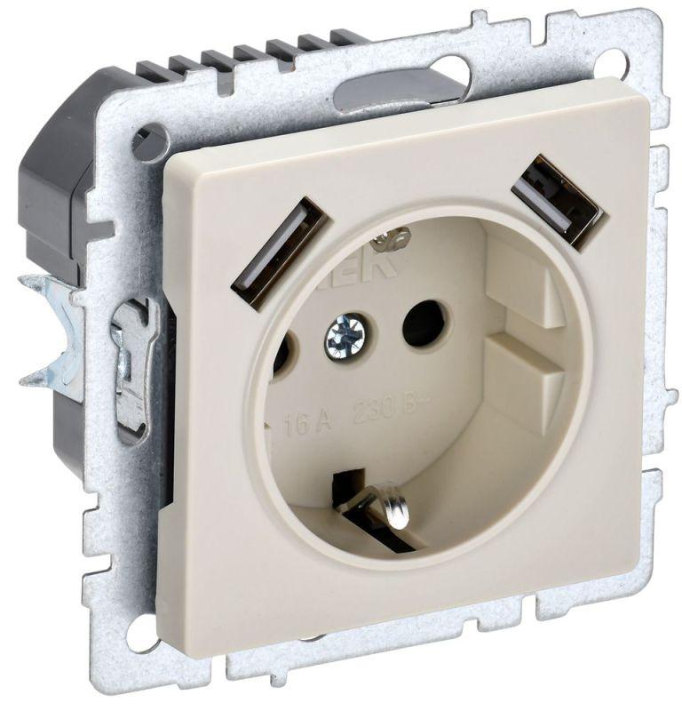 Розетка BRITE РЮш10-2-БрКр 16А с USB A+A 3.1А с заземл. защ. шторки беж. BR-R14-16-U21-D31-K10