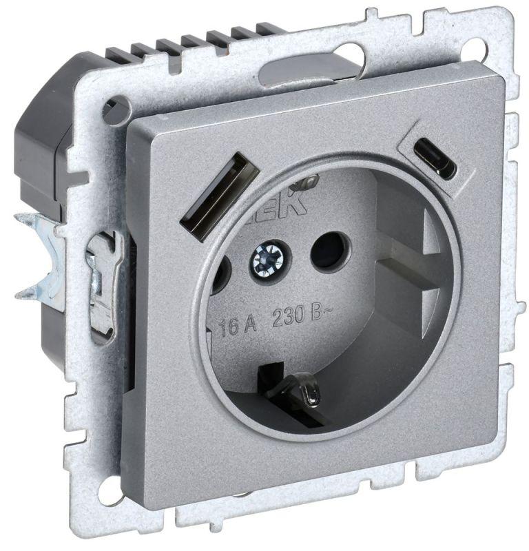 Розетка BRITE РЮш11-1-БрА 16А с USB A+C 18Вт с заземл. защ. шторки алюм. BR-R14-16-U22-018-K47