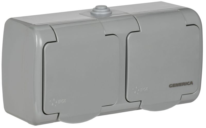 Розетка 2-м ОП Aquatic РСш22-2-А 16А IP54 с заземл. с крышкой сер. ERA22-K03-16-54