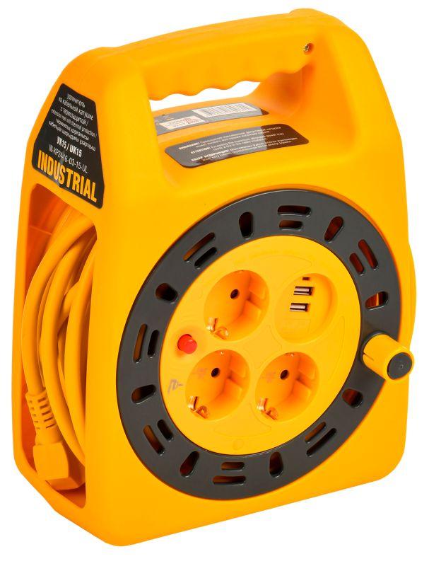 УДЛИНИТЕЛЬ НА КАТУШКЕ 3Х15М С ЗАЗЕМЛ. INDUSTRIAL УК15 2P+PE 3Х1.5КВ.ММ USBX2 LED ТЕРМОЗАЩИТА IN-KP24-16-03-15-UL