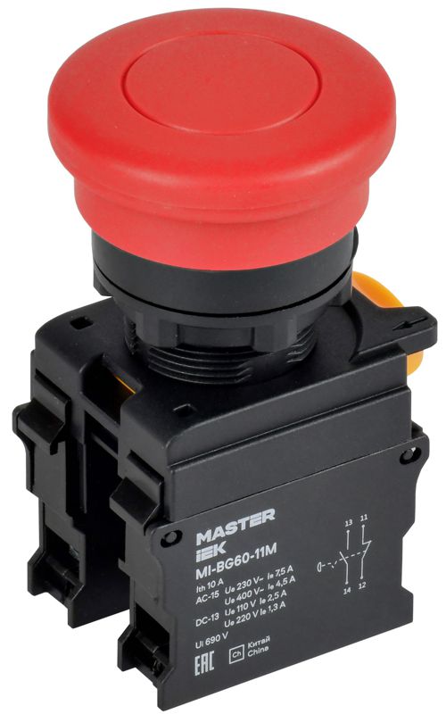 Кнопка "Грибок" с фиксацией d=22мм 1NO+1NC красная MASTER IEK MI-BG60-11M-3-21-K04