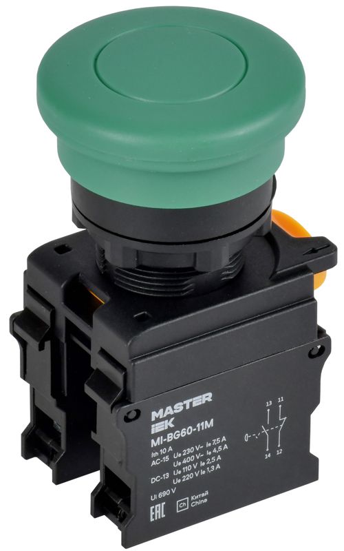 Кнопка ""Грибок"" без фиксации. d - 22 мм 1NO+1NC зел-ная MASTER MI-BG60-11M-3-21-K06