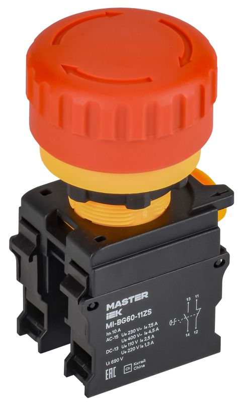 Кнопка Грибок поворот. с фикс. 1NO+1NC красная MASTER MI-BG60-11ZS-3-23-K04